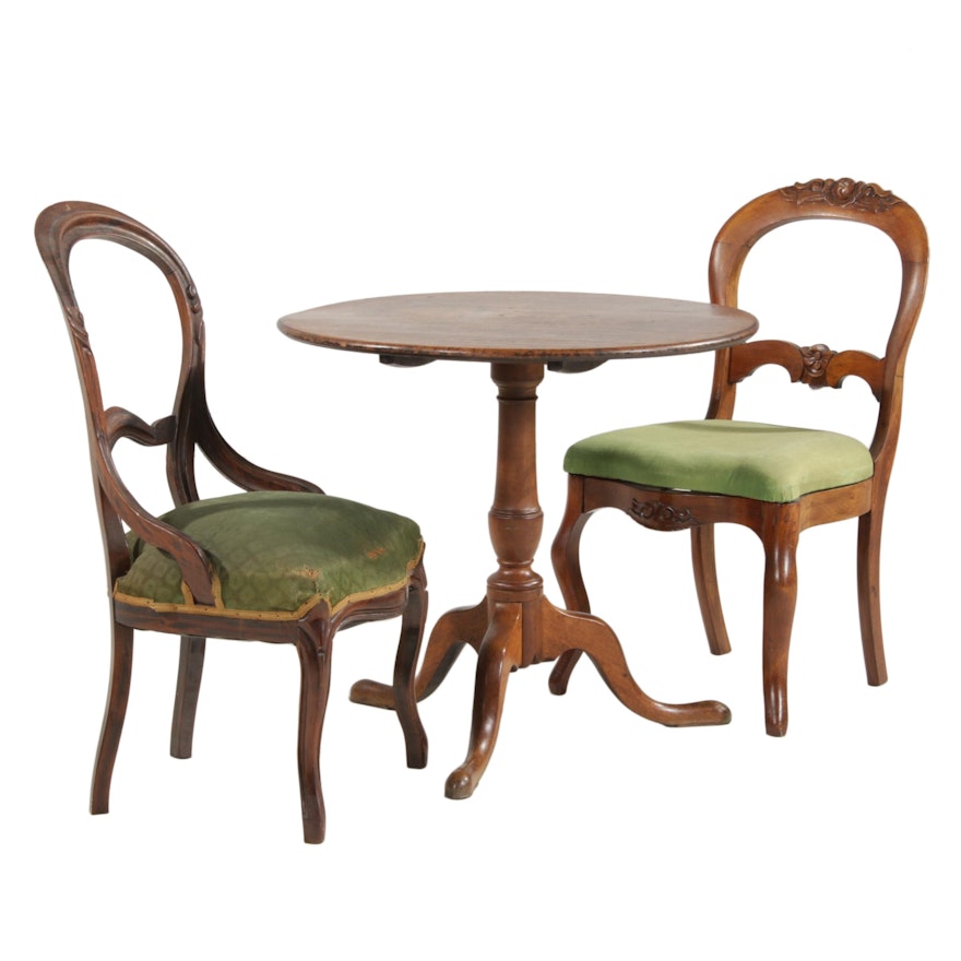 Tilt-Top Table with Balloon Back Chairs, Antique