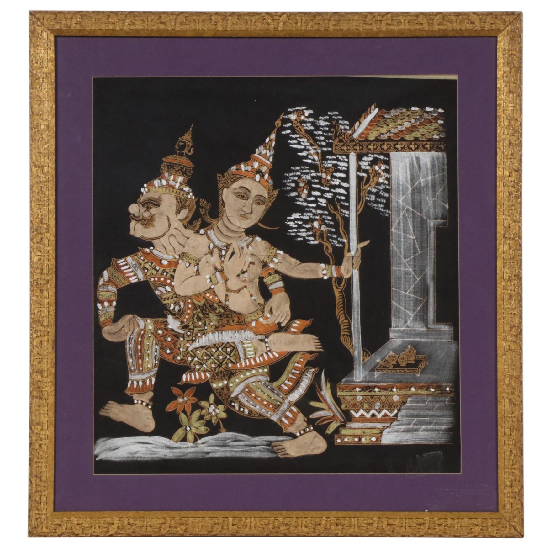 Thai Mixed Media Painting of Ravana Abducting Sita, 20th Century