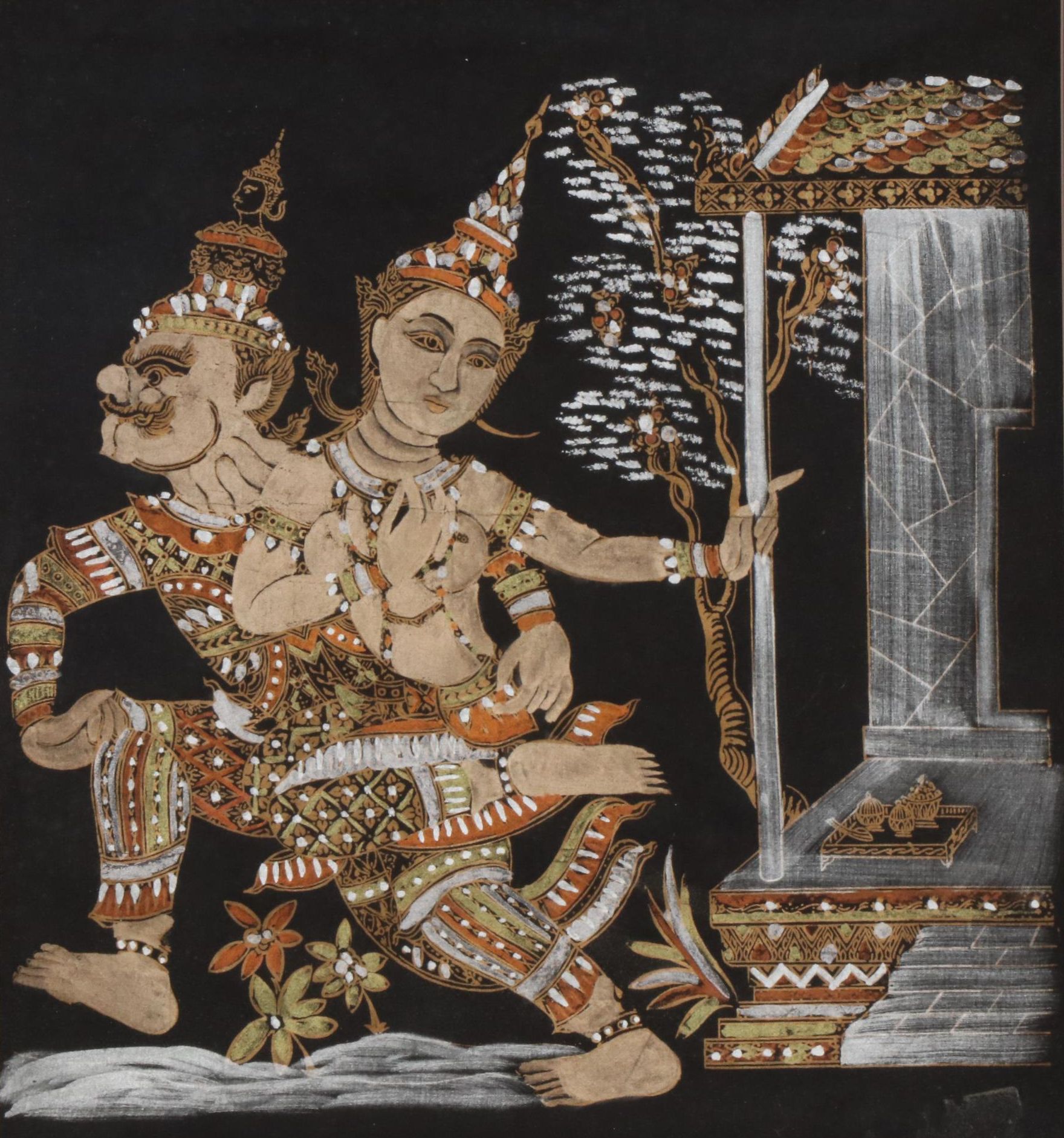 Thai Mixed Media Painting of Ravana Abducting Sita, 20th Century