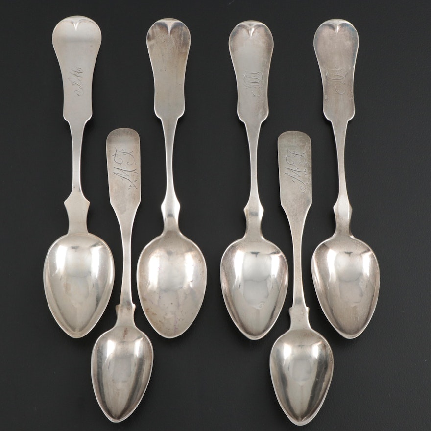 American Coin Silver Fiddle Handle Teaspoons, 19th Century