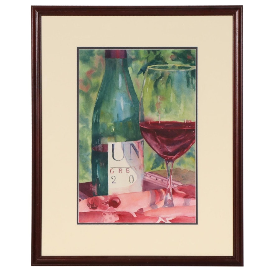 Linda Unti Still Life Watercolor Painting of Bottle of Wine and Glass