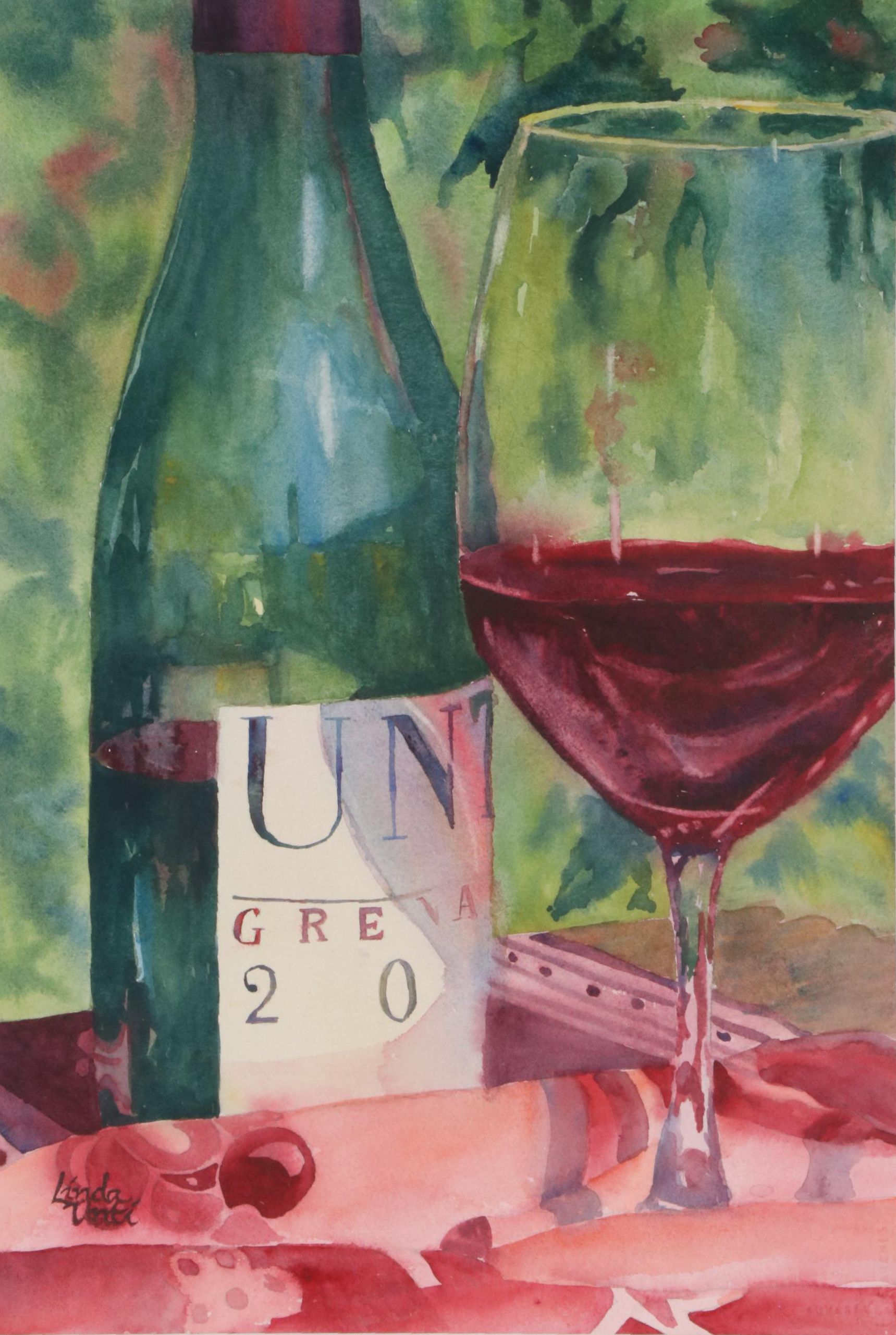 Linda Unti Still Life Watercolor Painting of Bottle of Wine and Glass
