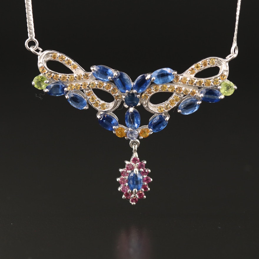 Sterling Silver Peridot, Sapphire and Kyanite Stationary Pendant Necklace