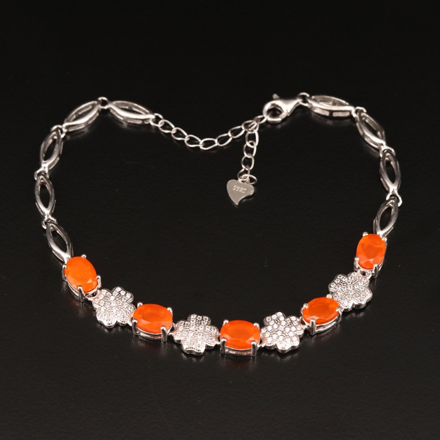 Sterling Opal and Cubic Zirconia Bracelet with Quatrefoil and Navette Designs