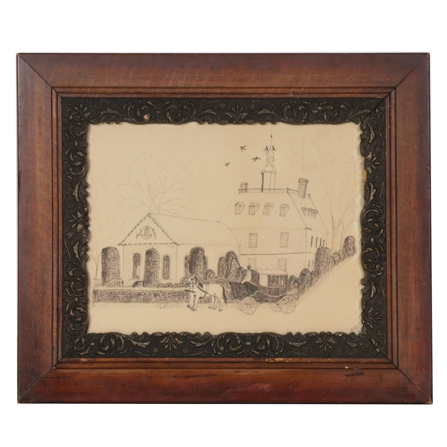 Beth Seiler Folk Art Ink Drawing of a Church with Horse and Buggy, 20th Century
