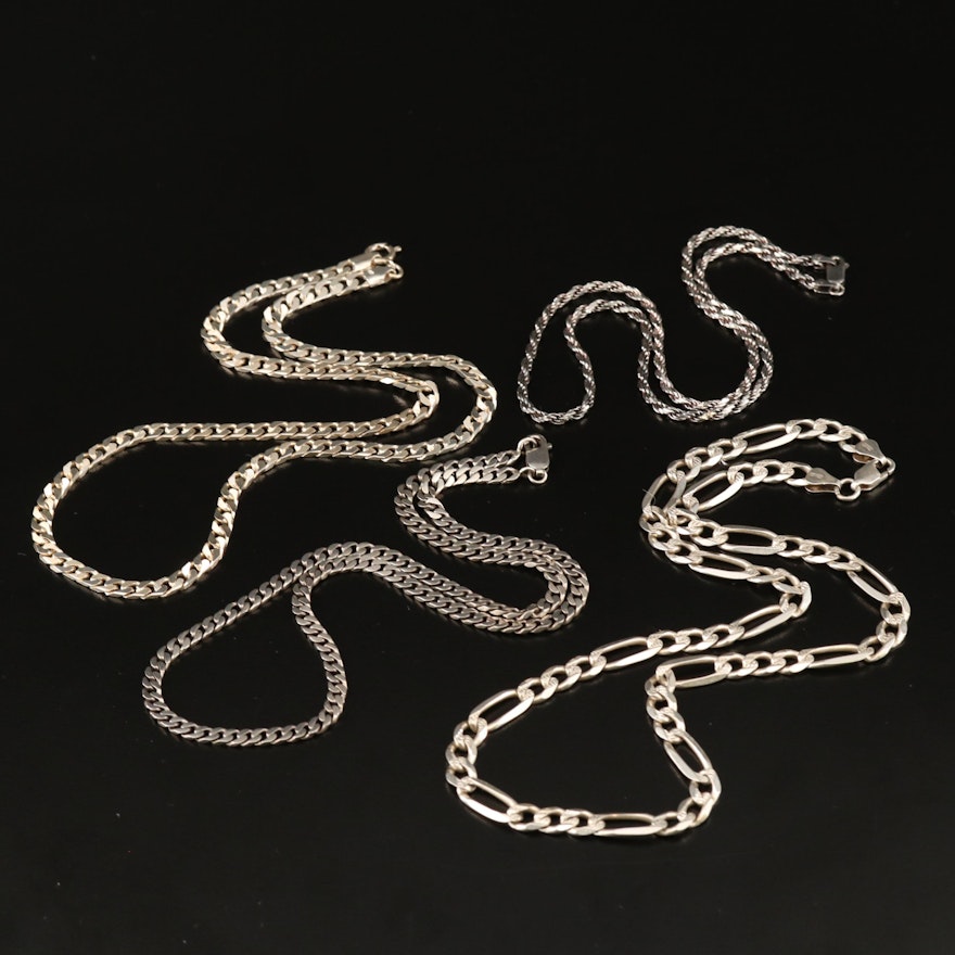 Sterling Silver Chain Link Necklaces Featuring Figaro and Rope Styles