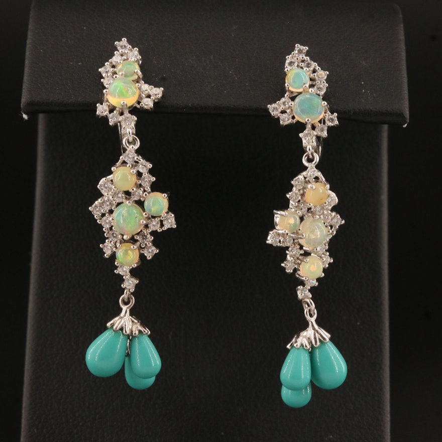 Sterling Silver Opal, Cubic Zirconia and Imitation Turquoise Dangle Earrings