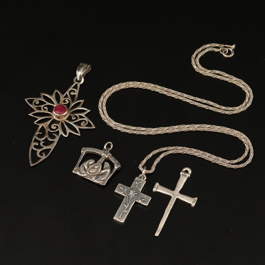 James Avery Sterling Cross Pendant Necklace with Additional Religious Pendants