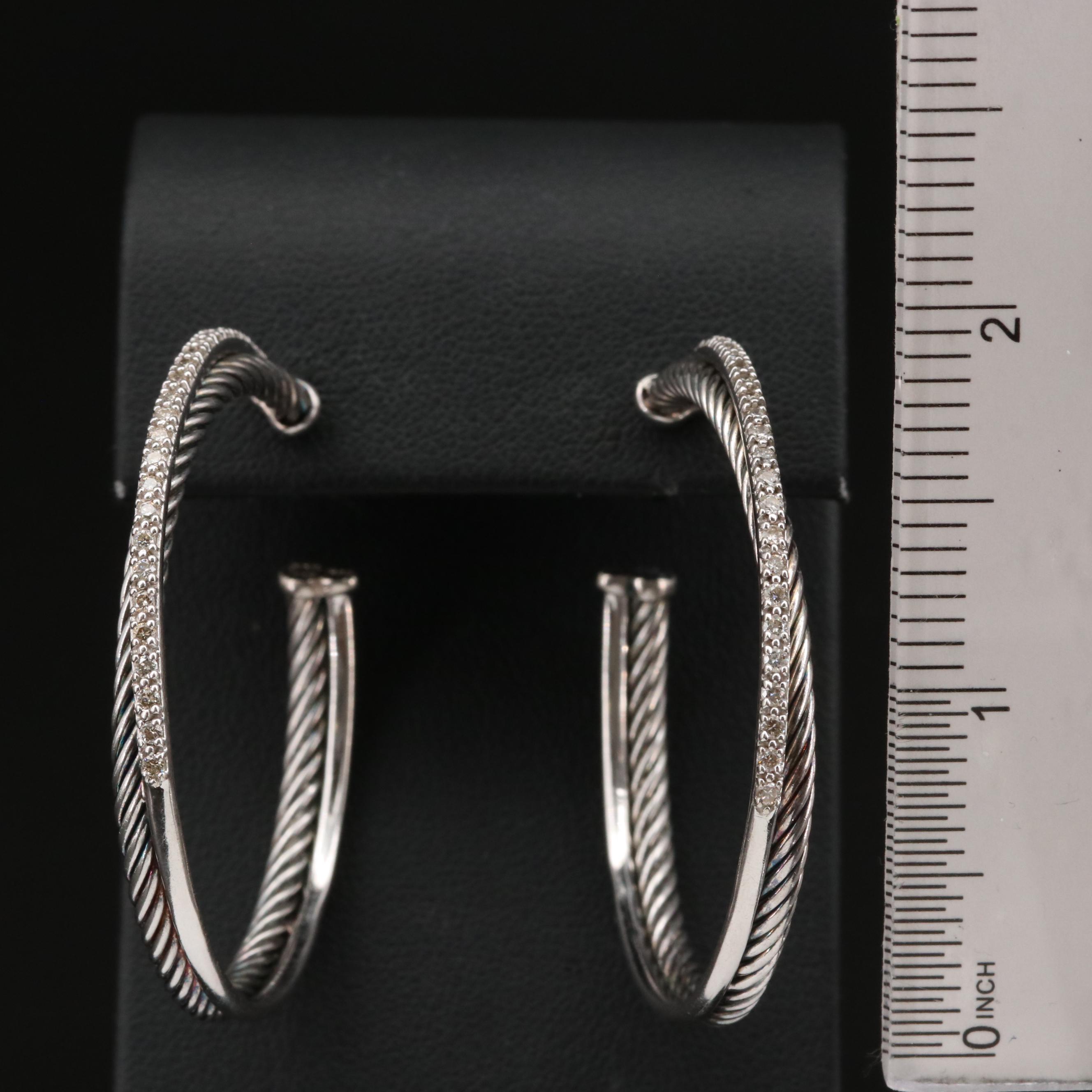 David Yurman 14K and Sterling Diamond Crossover Cable Hoop Earrings