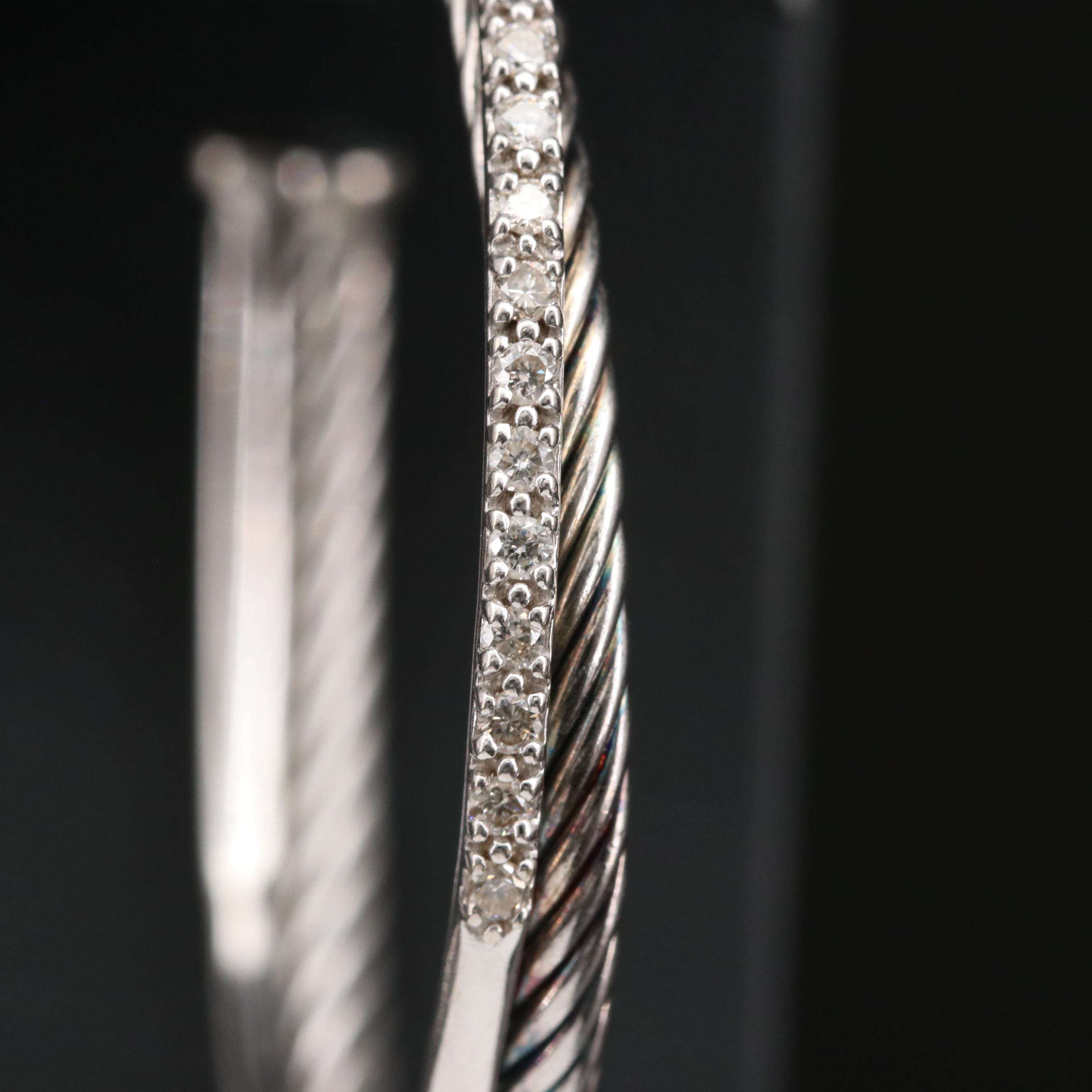 David Yurman 14K and Sterling Diamond Crossover Cable Hoop Earrings