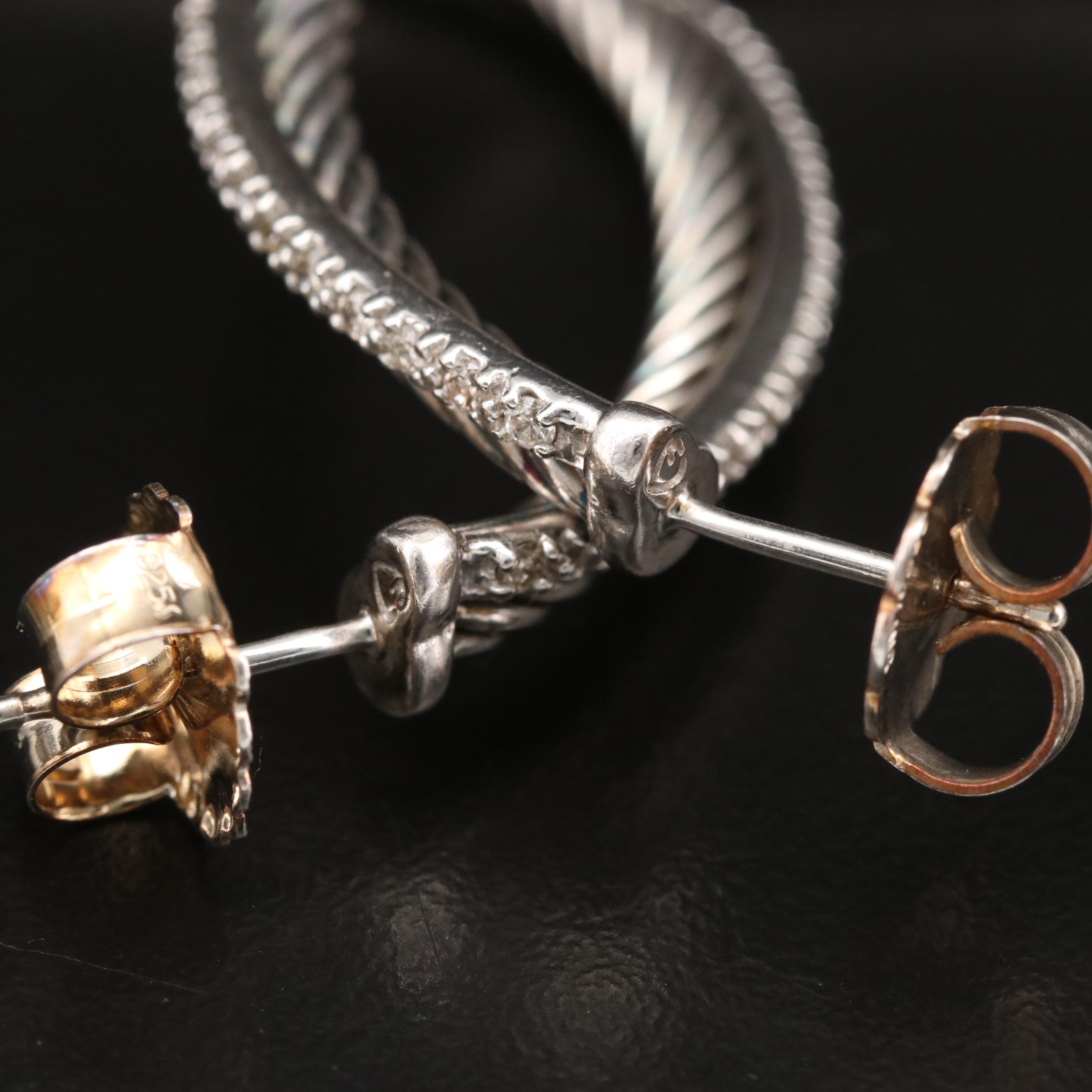 David Yurman 14K and Sterling Diamond Crossover Cable Hoop Earrings