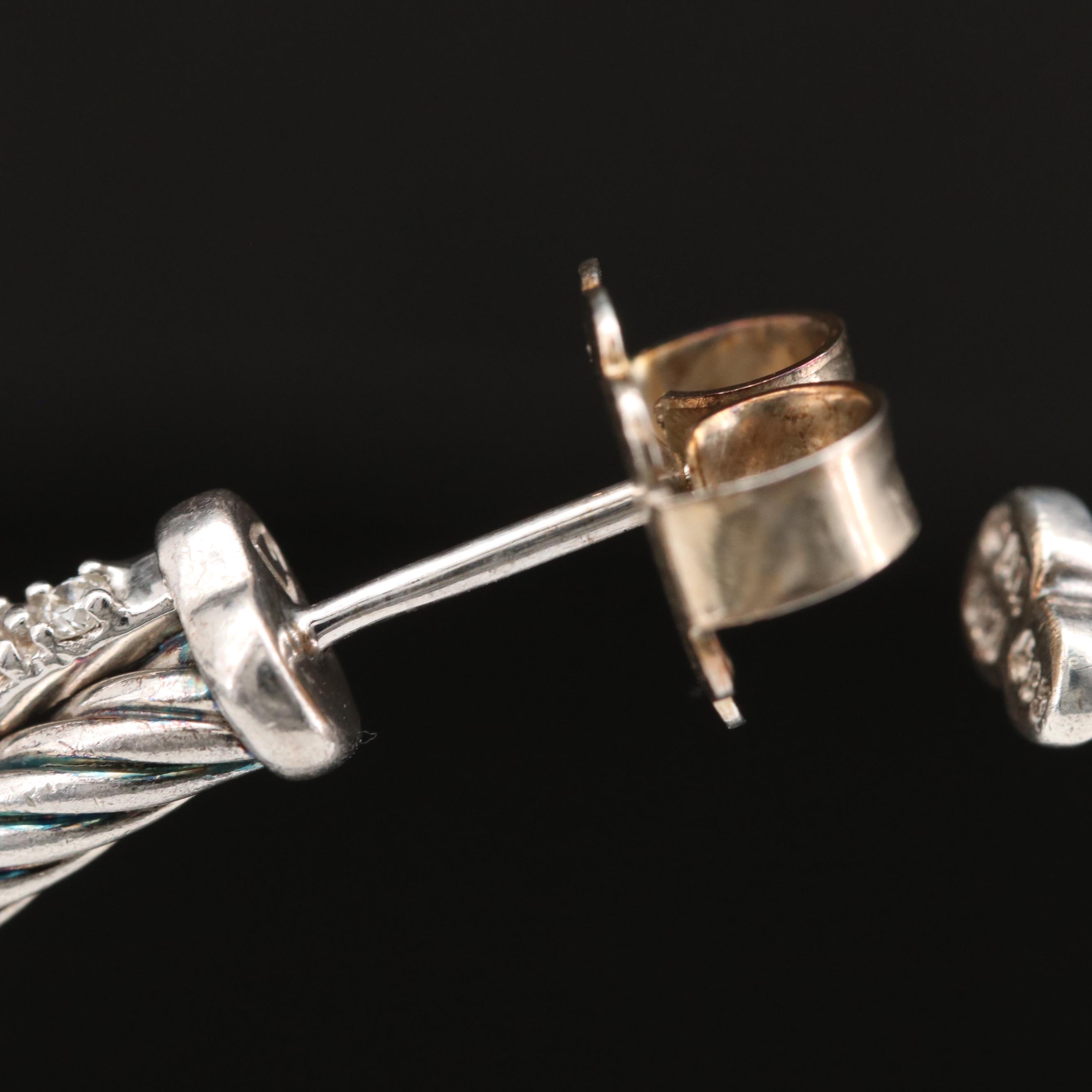 David Yurman 14K and Sterling Diamond Crossover Cable Hoop Earrings