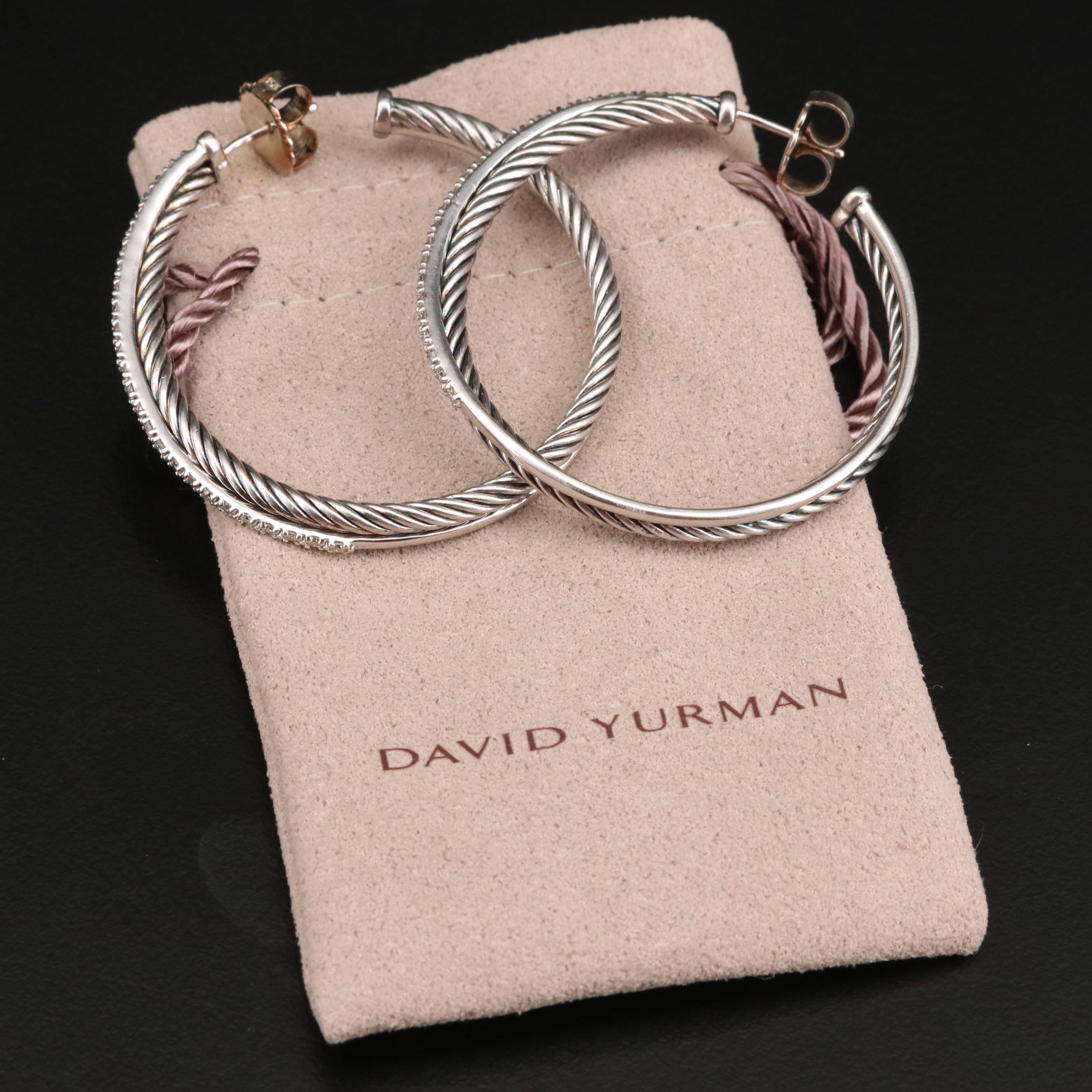 David Yurman 14K and Sterling Diamond Crossover Cable Hoop Earrings