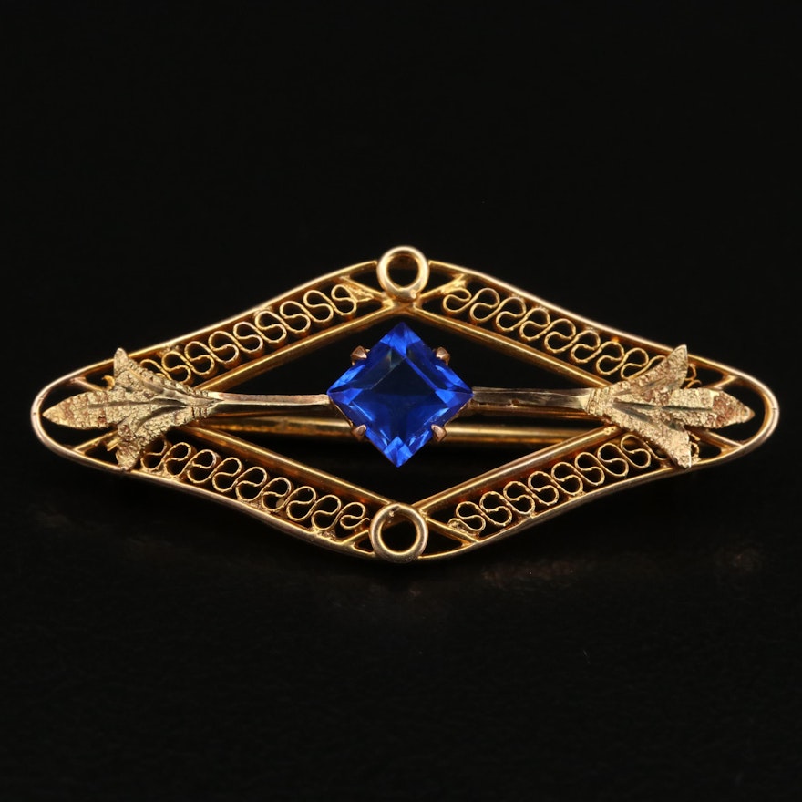 Art Deco 10K Blue Glass Pin with Filigree Pattern