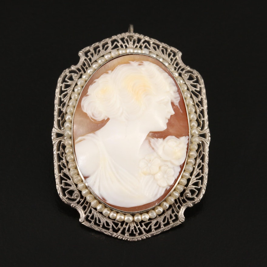 1930s 10K Carved Shell Cameo and Faux Pearl Converter Brooch with Filigree Frame