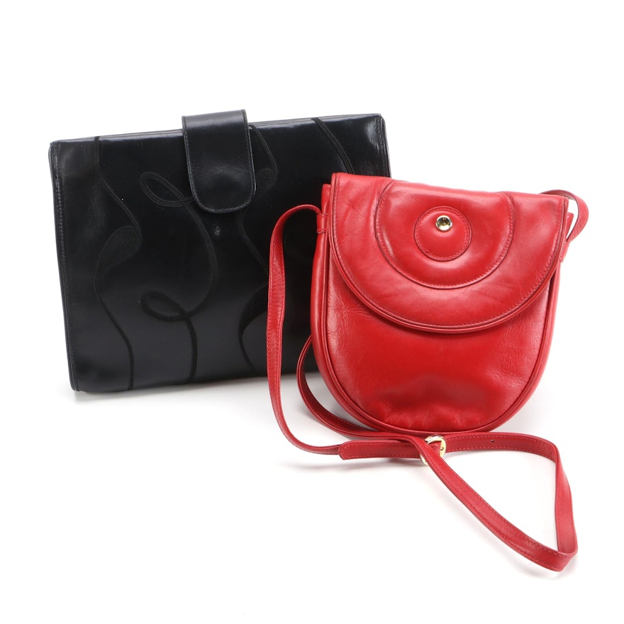 Movado Black and Red Leather Clutch and Crossbody Bag, Vintage