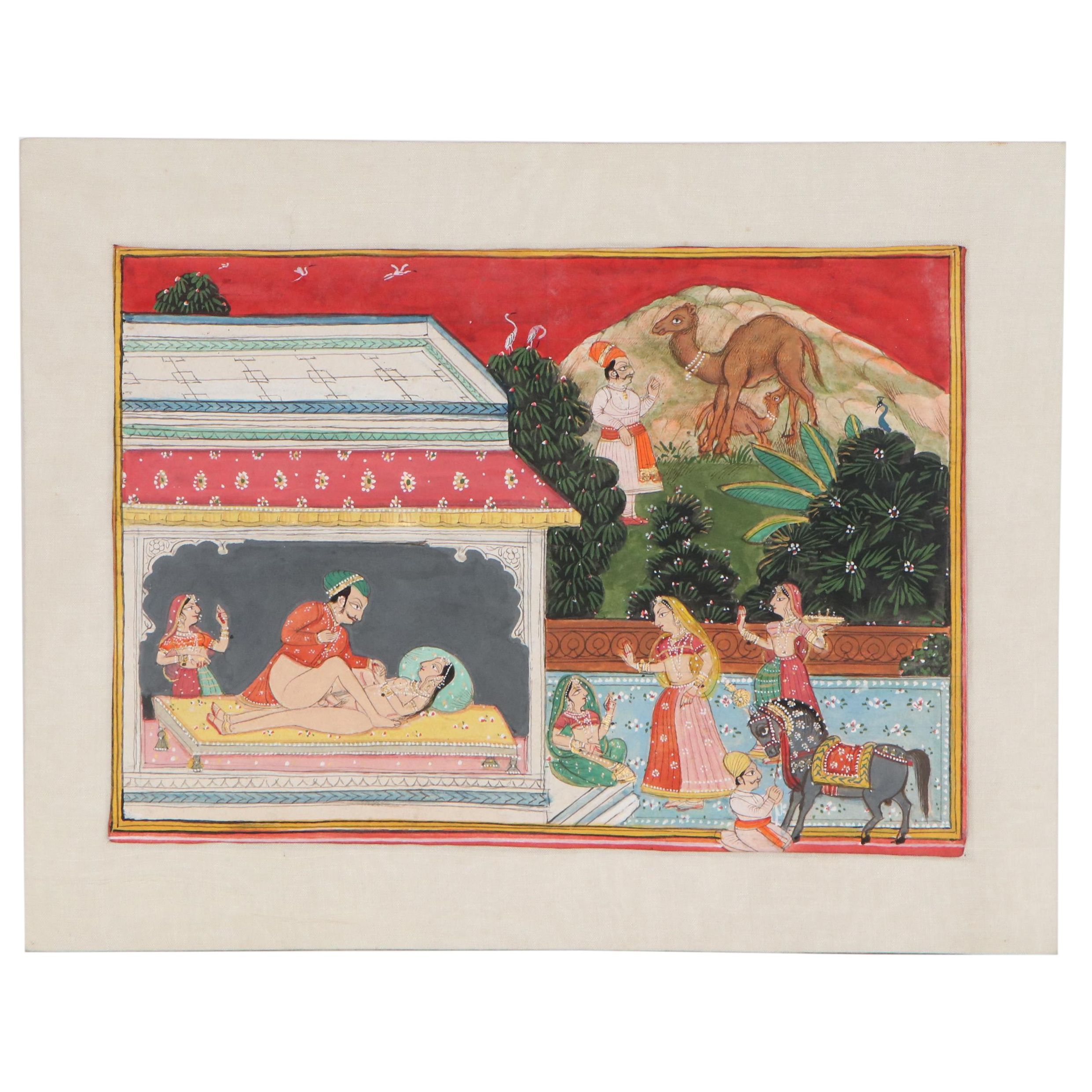 Indian Rajput Style Erotic Gouache Painting, 20th Century