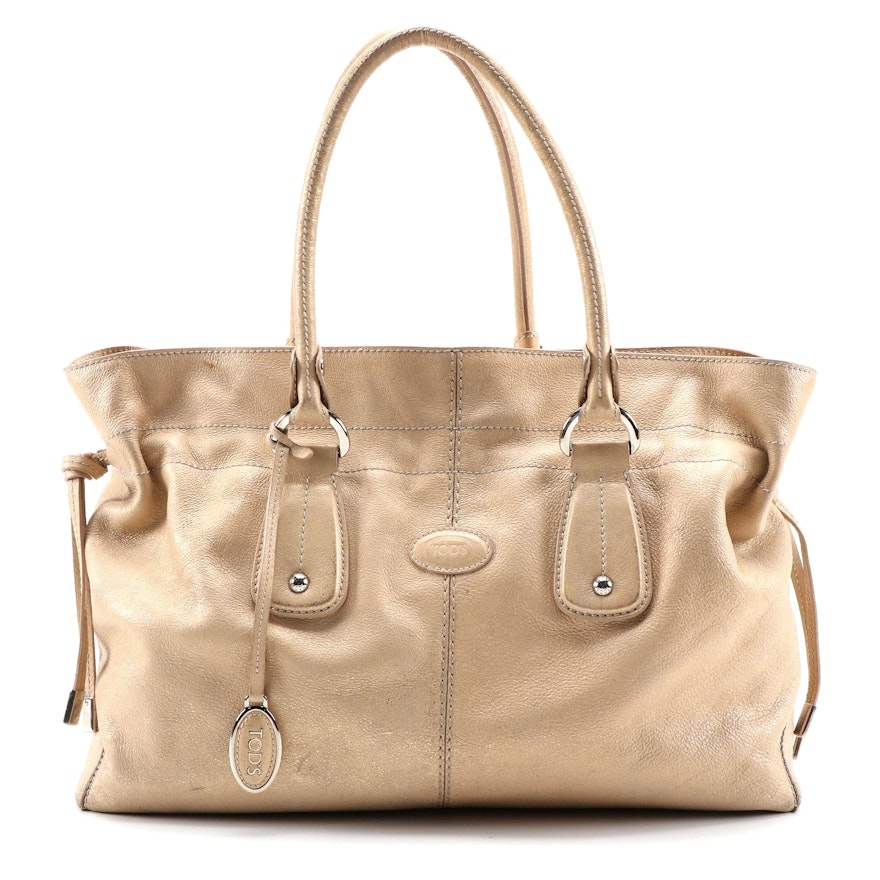 Tod's Metallic Rose Gold Metallic Leather Drawstring Tote Bag