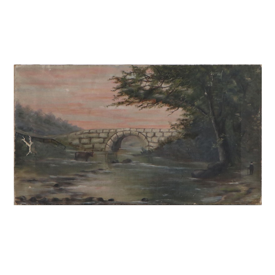 Landscape Oil Painting with a Stone Bridge, Late 19th Century