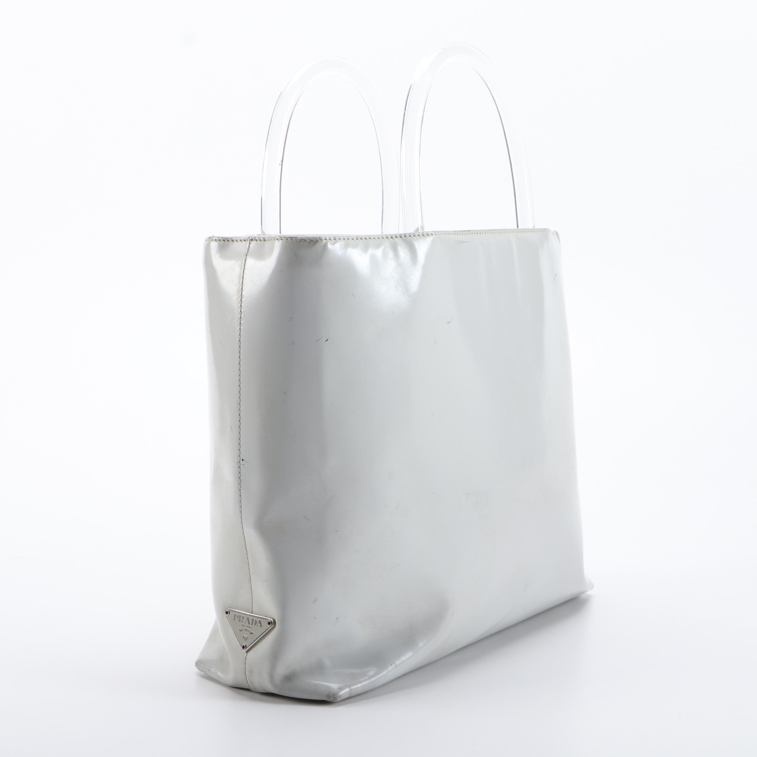 Prada Brushed Leather Tote in Grey with Clear Acrylic Handles