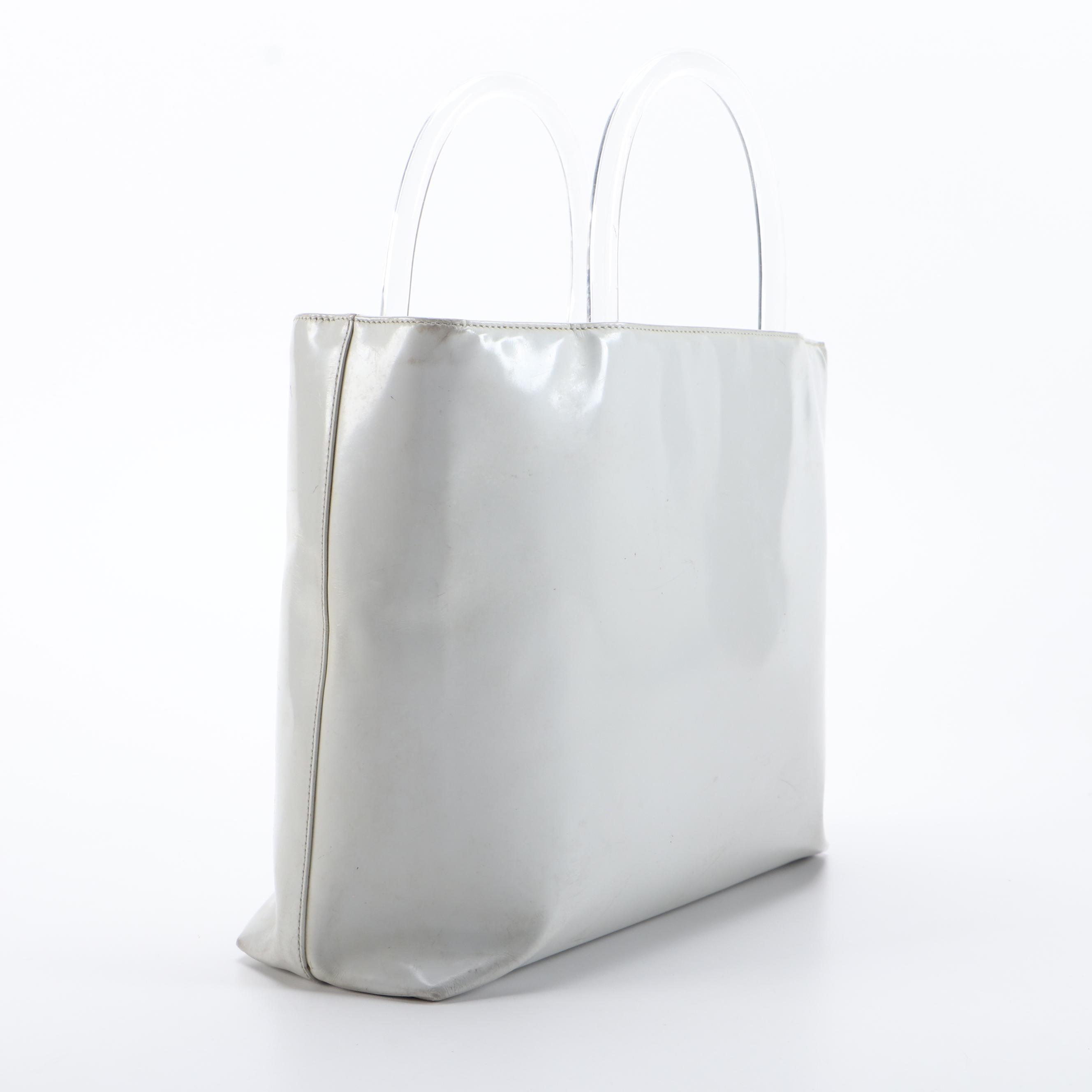Prada Brushed Leather Tote in Grey with Clear Acrylic Handles