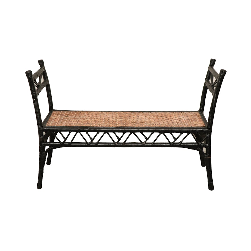 Woven Wicker and Rattan Black-Painted Bench, 20th Century