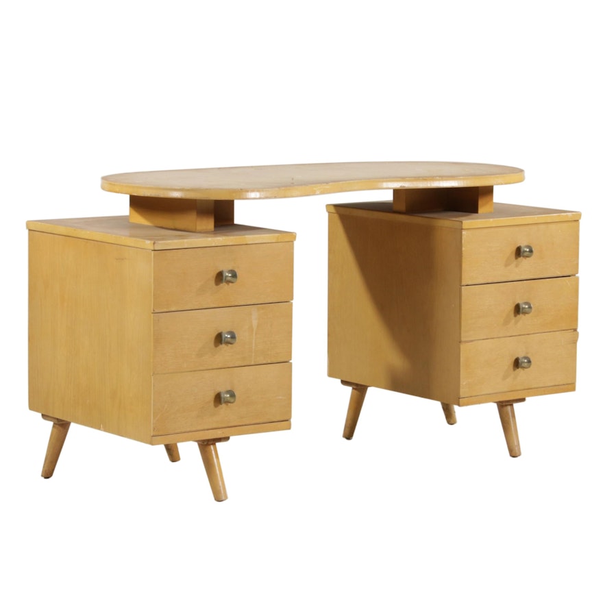 Mid Century Modern Oak Finish Kidney Shaped Desk