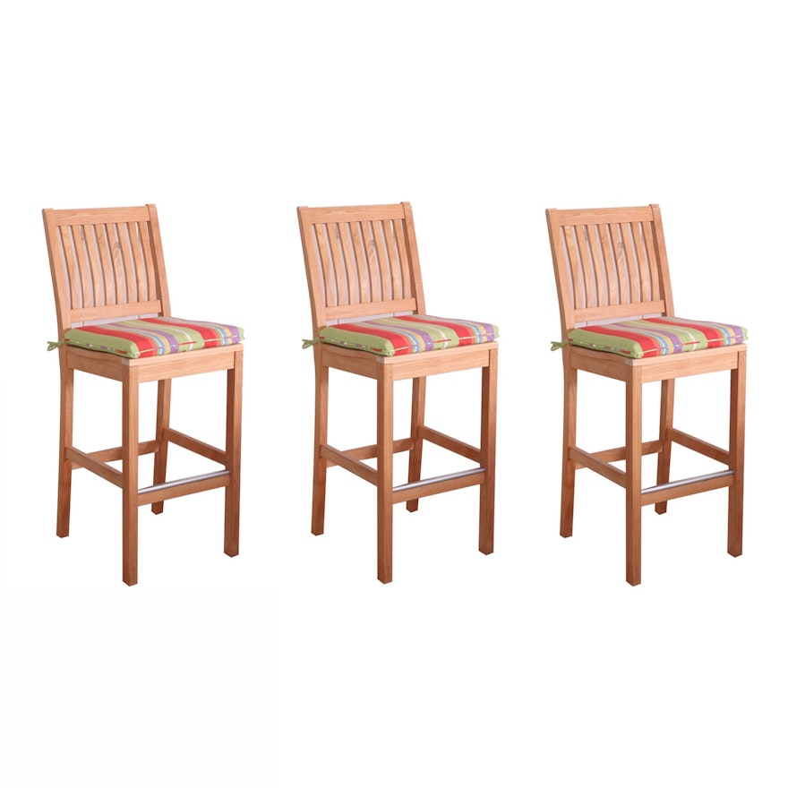 Gloster "Kingston" Teak Bar Chairs with Striped Seat Cushions