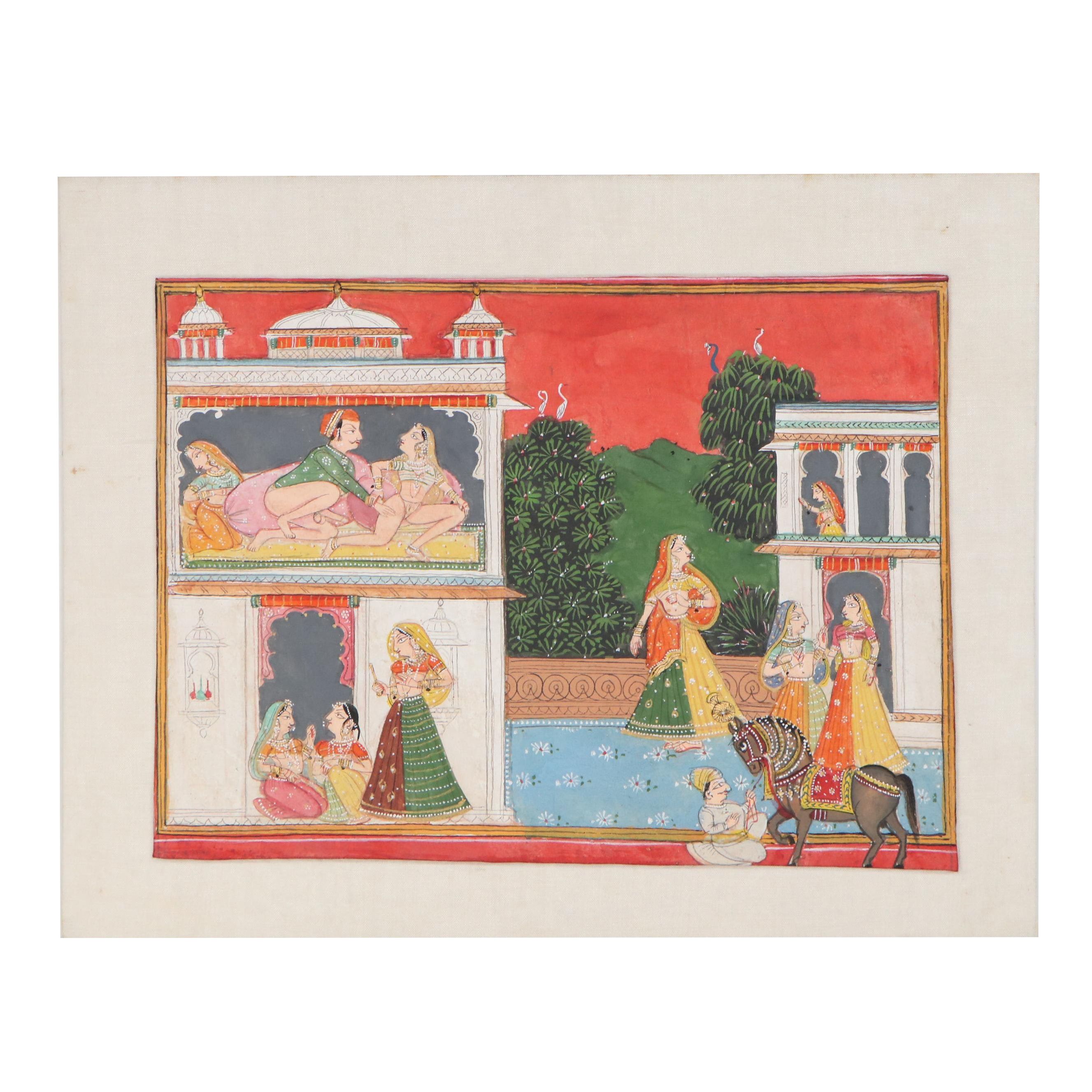Indian Rajput Style Gouache Painting of Erotic Scene, 20th Century