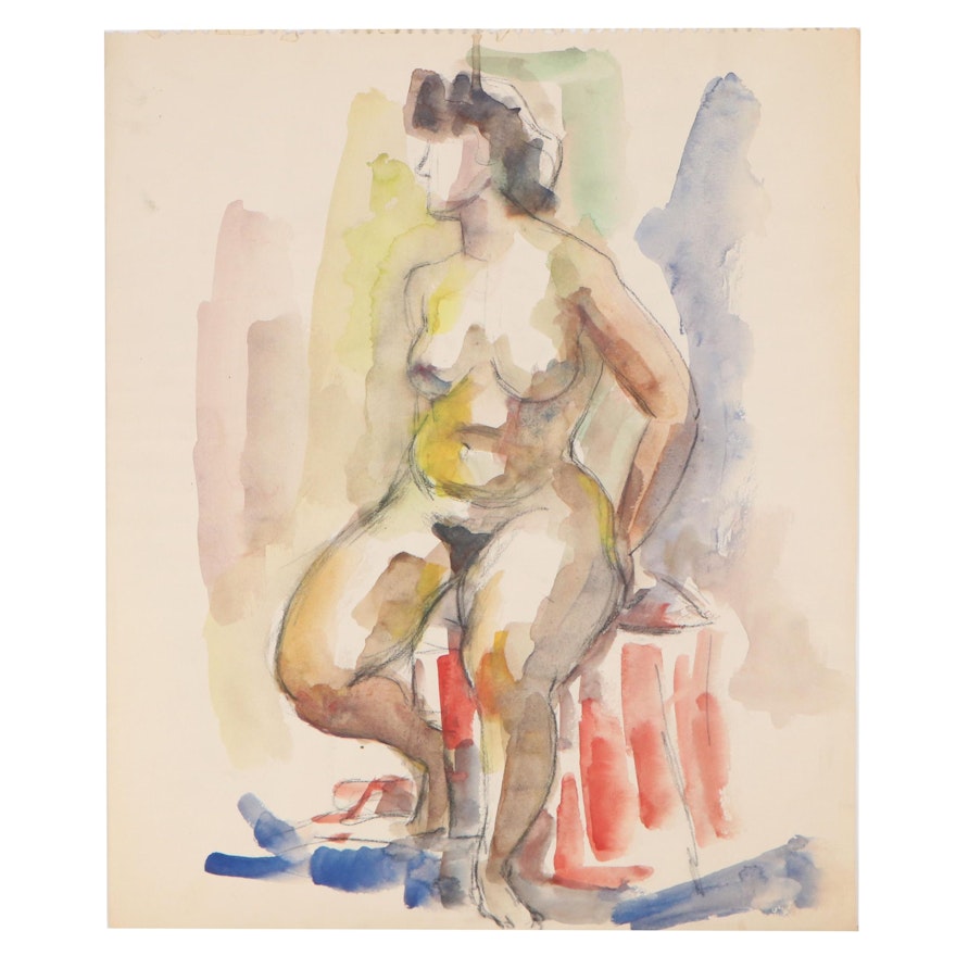 Yolanda Fusco Charcoal and Watercolor Study of Female Nude