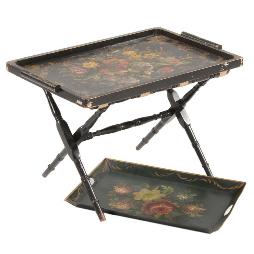 Victorian Hand-Painted Tole and Wooden Trays with Luggage Stand, Antique