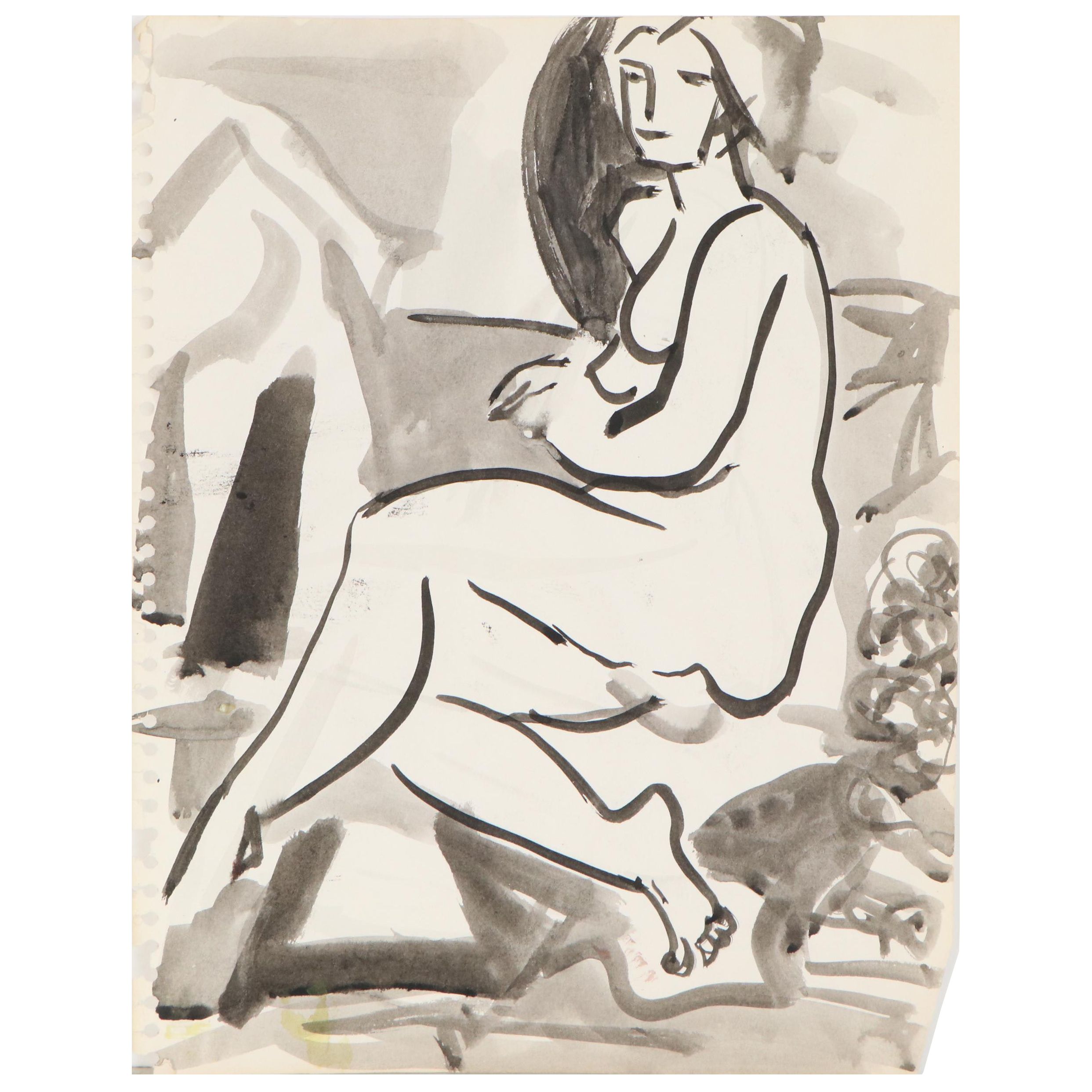 Yolanda Fusco Ink Wash Painting of Reclining Female Nude