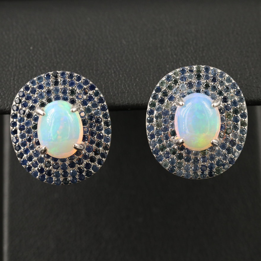 Sterling Silver Opal and Sapphire Button Earrings