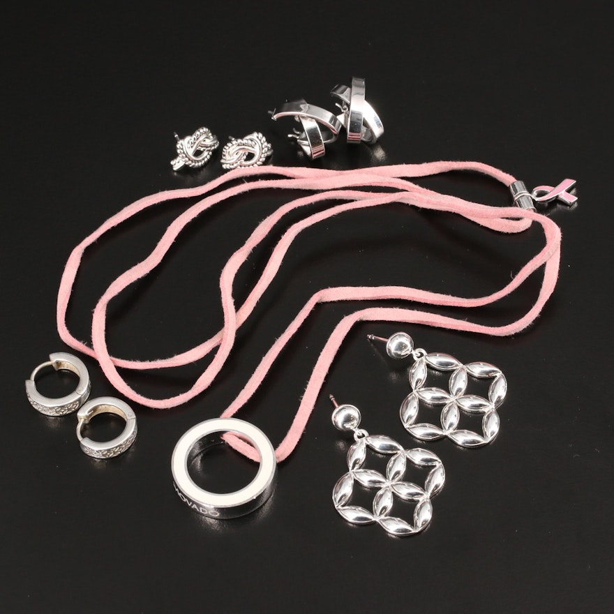 Movado Sterling Silver Breast Cancer Awareness Necklace with Assorted Earrings