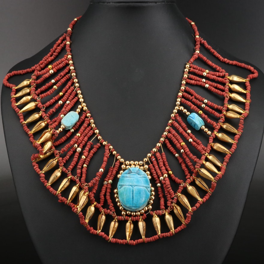 Egyptian Revival Scarab Faience Beaded Bib Necklace