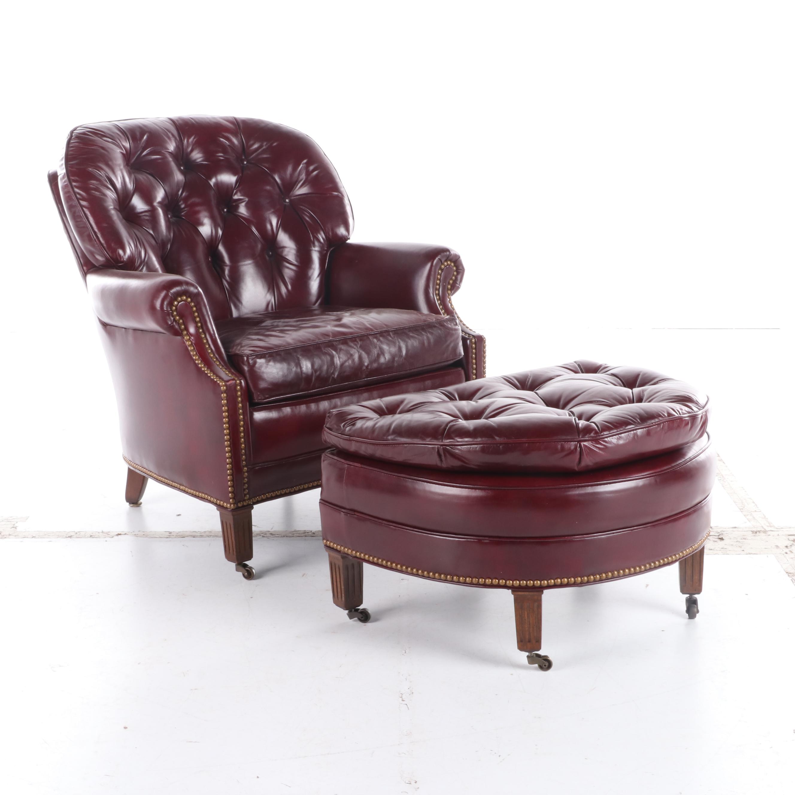 Hancock & Moore Button-Tufted and Brass-Tacked Leather Club Chair and Ottoman
