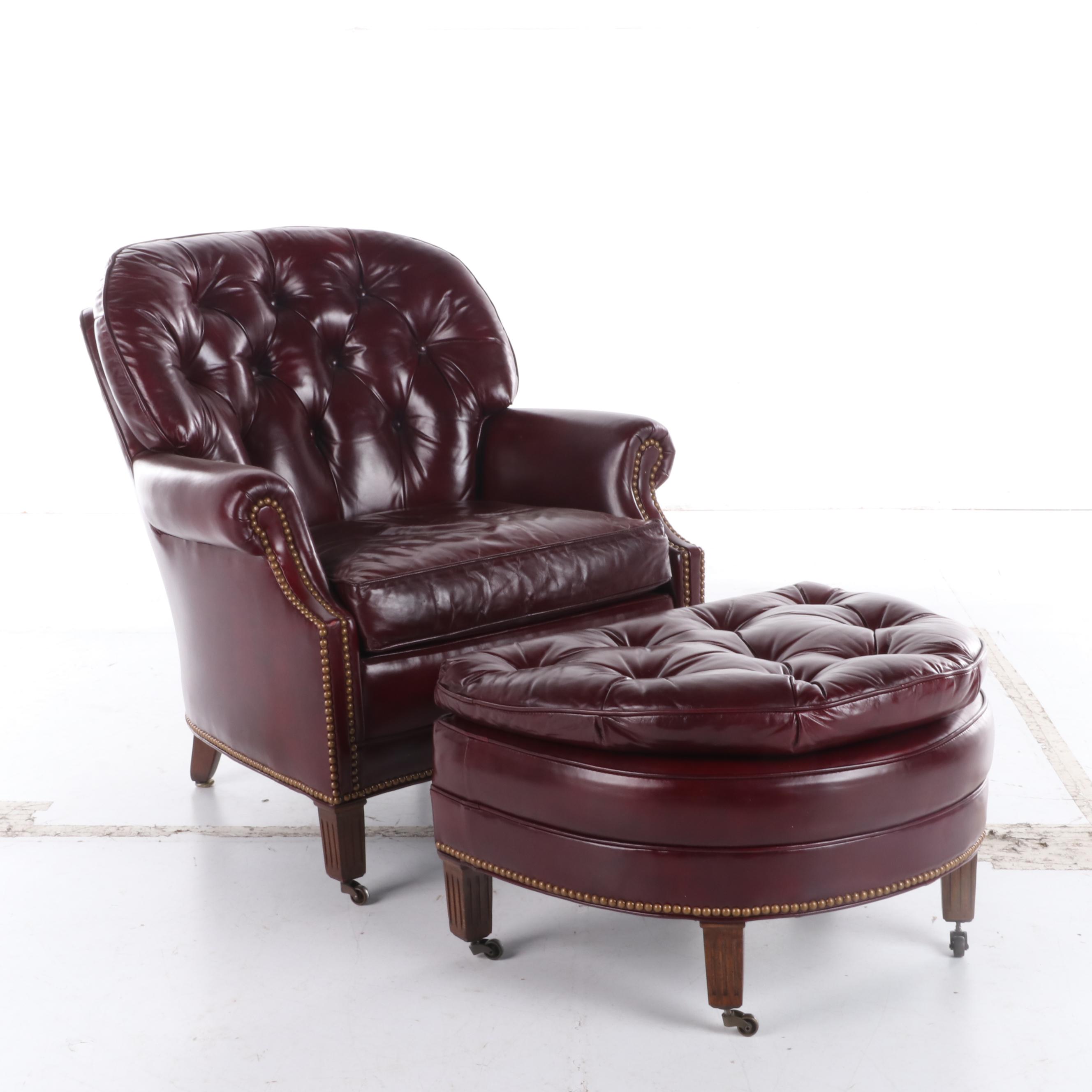 Hancock & Moore Button-Tufted and Brass-Tacked Leather Club Chair and Ottoman