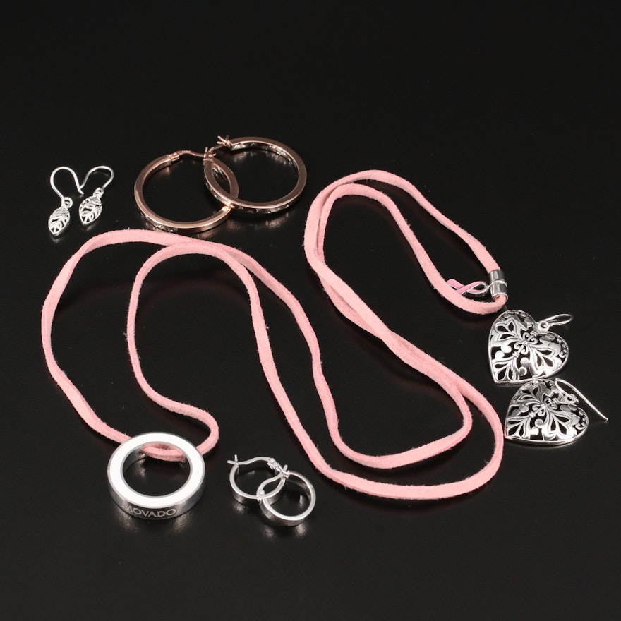 Movado Sterling Silver Breast Cancer Awareness Necklace with Assorted Earrings