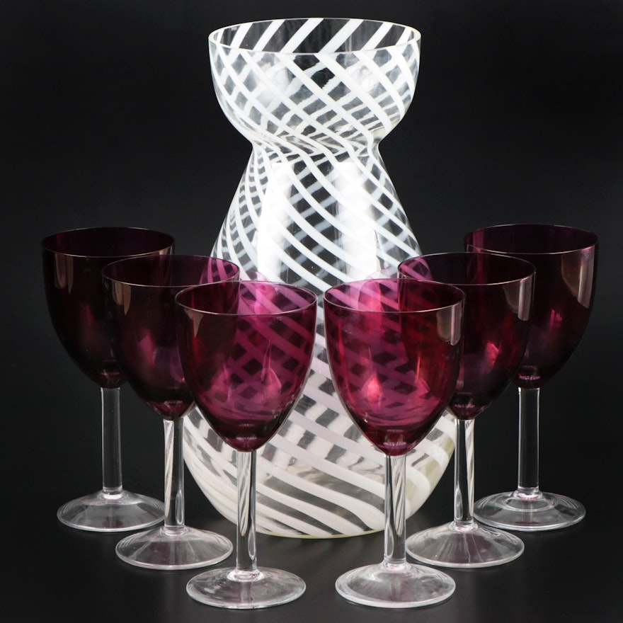 Gorgeous Designs Blown Glass Vase and Amethyst Flashed Wine Glasses