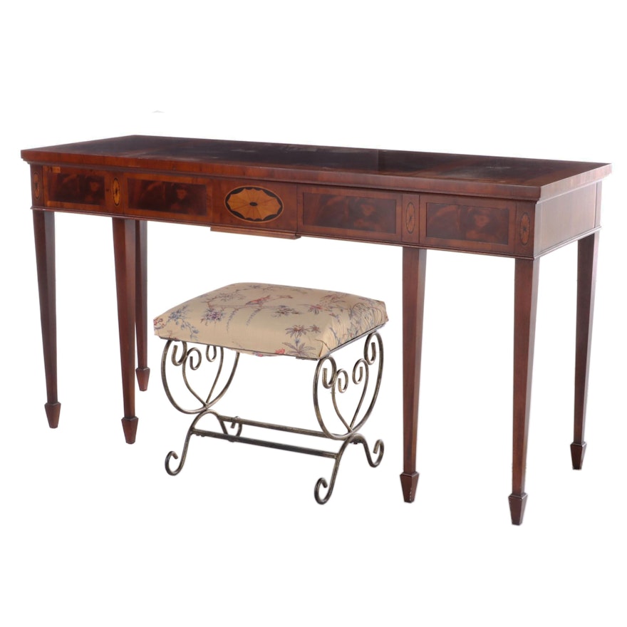 Hekman Hepplewhite Style Marquetry Console Table with Upholstered Stool