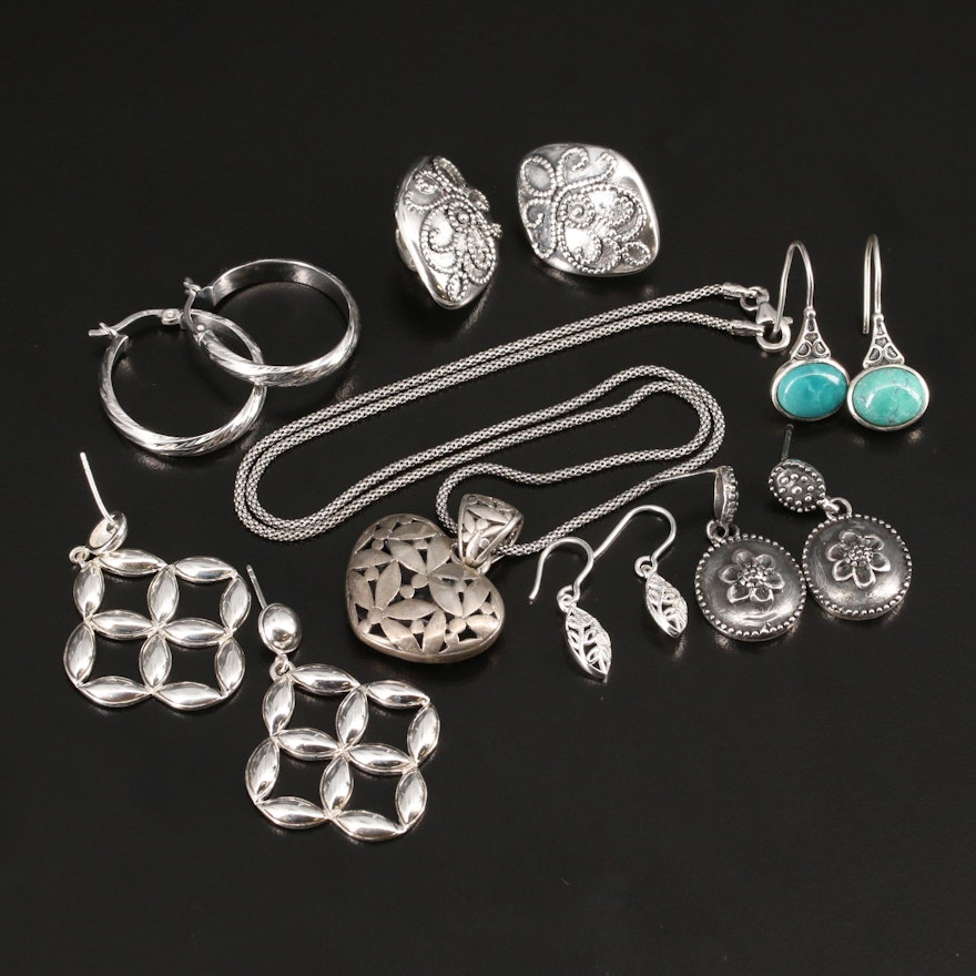 Assorted Sterling Silver Earrings with Necklace Including Turquoise Accents
