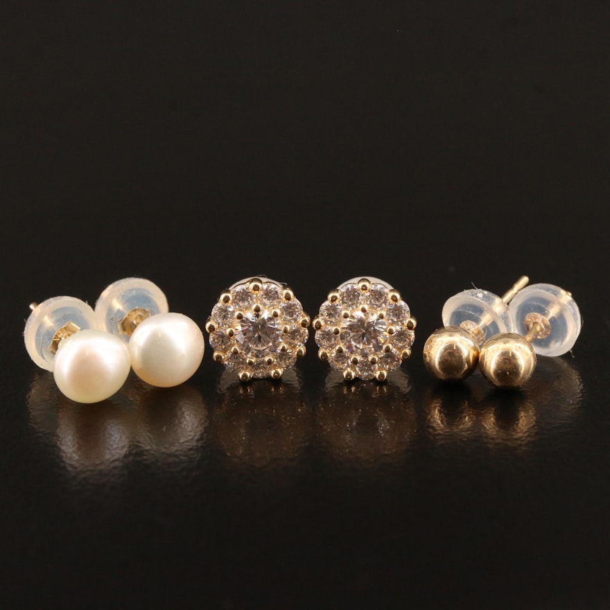 14K Stud Earring Selection Featuring Pearls and Cubic Zirconia