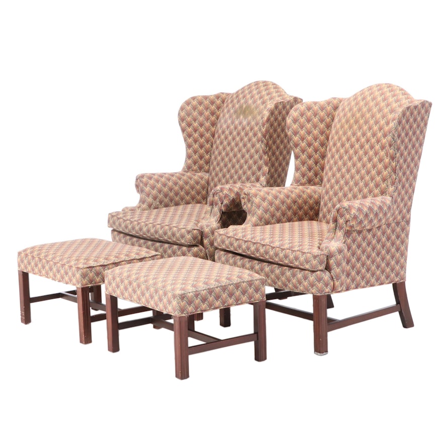 Pair of Sherrill Upholstered Wingback Armchairs with Ottomans