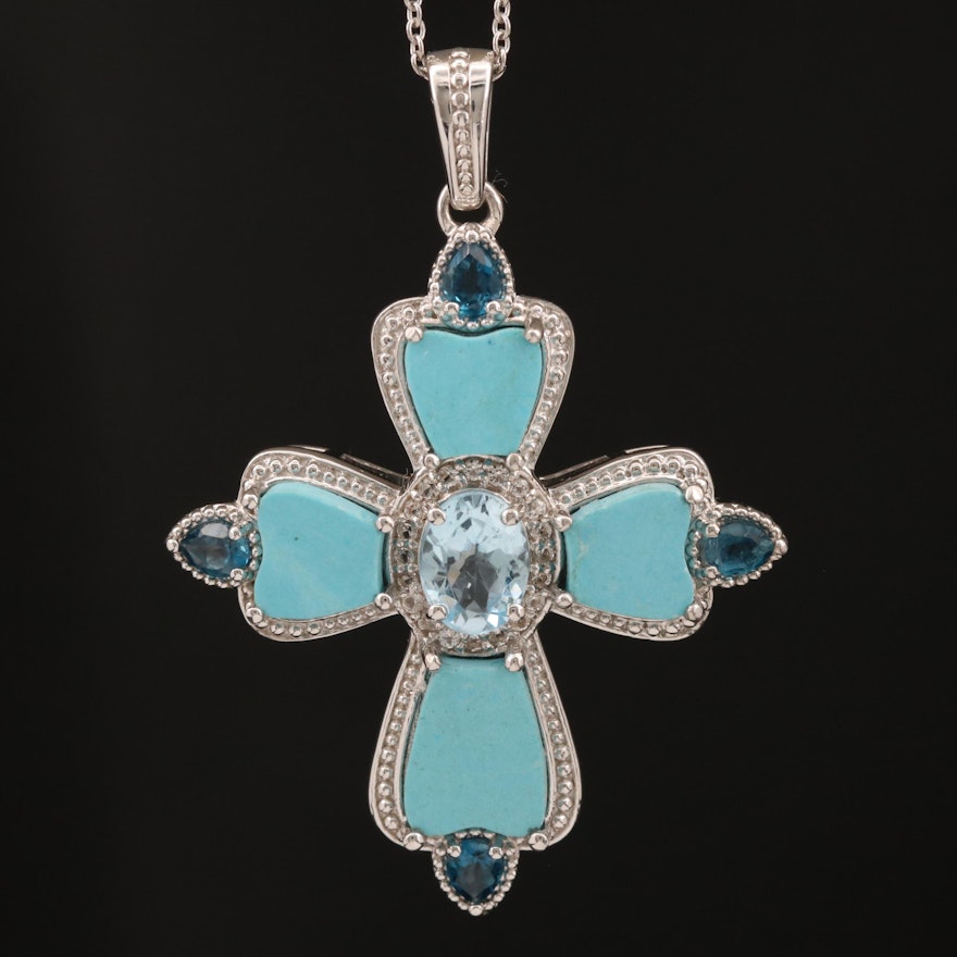 Sterling Silver Topaz and Imitation Turquoise Cross Pendant Necklace