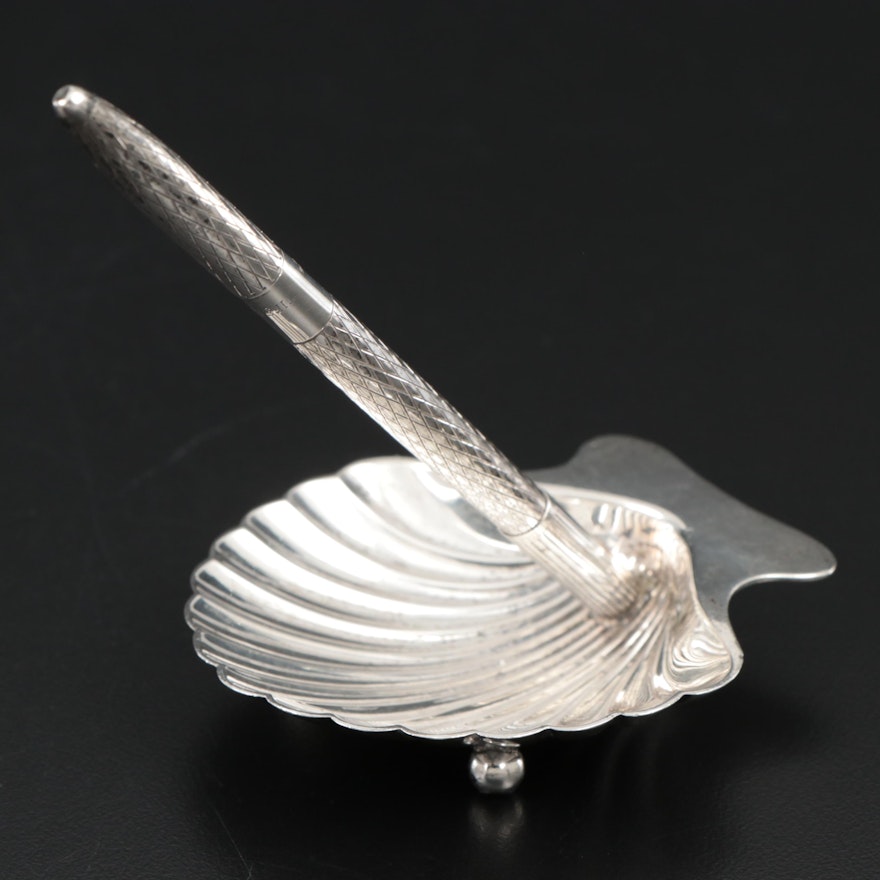Tiffany & Co. Sterling Silver Ballpoint Pen and Clam Shell Pen Holder
