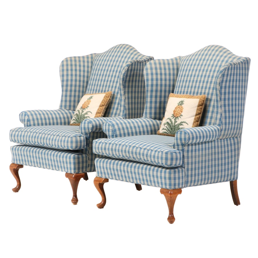Pair of Queen Anne Style Upholstered Wingback Armchairs