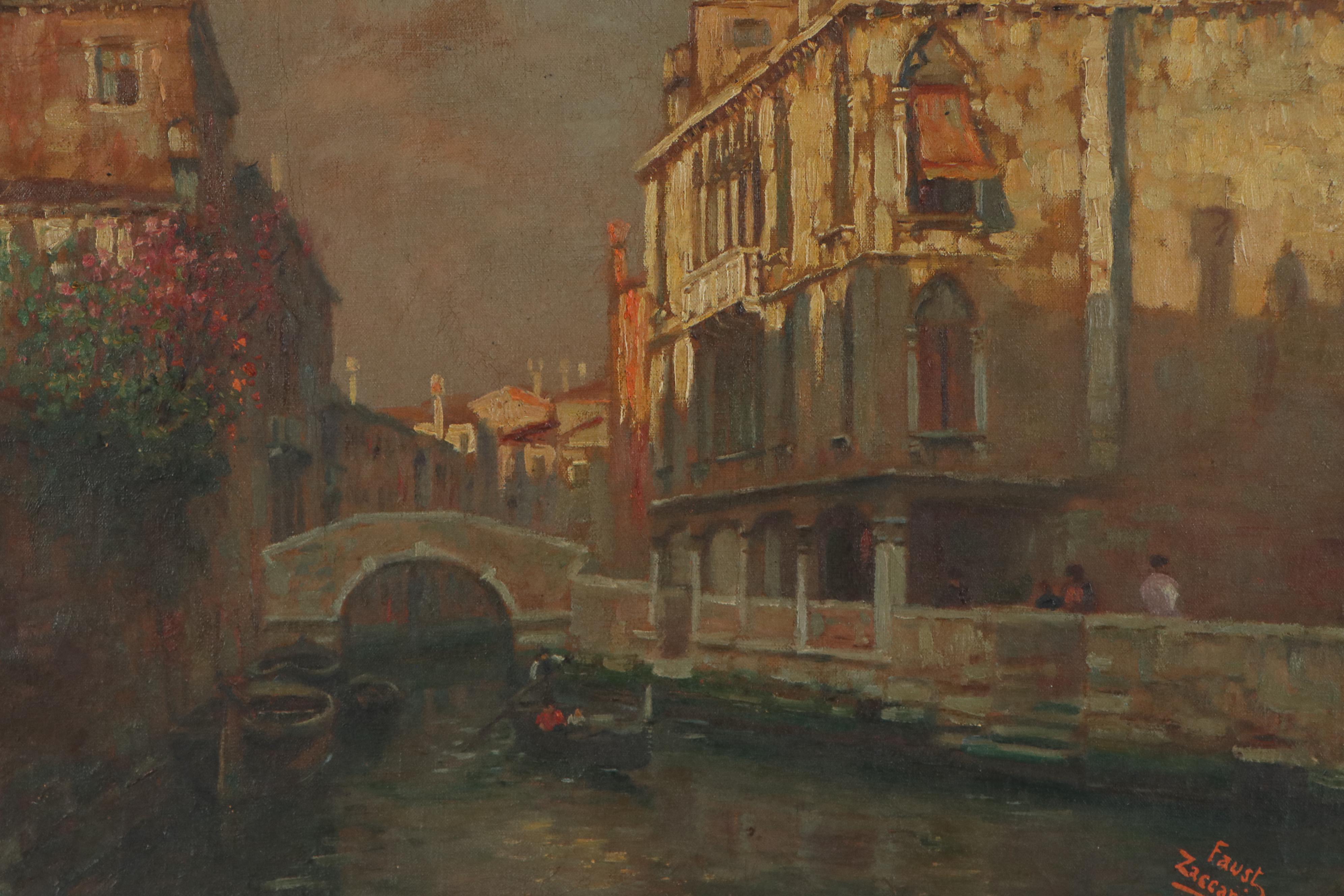 Faust Zaccaria Oil Painting of Venetian Canal Scene, circa 1940