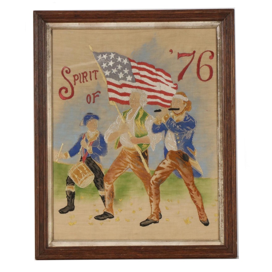 Patriotic Hand-Painted Silk Picture Embroidery "Spirit of '76", 20th Century