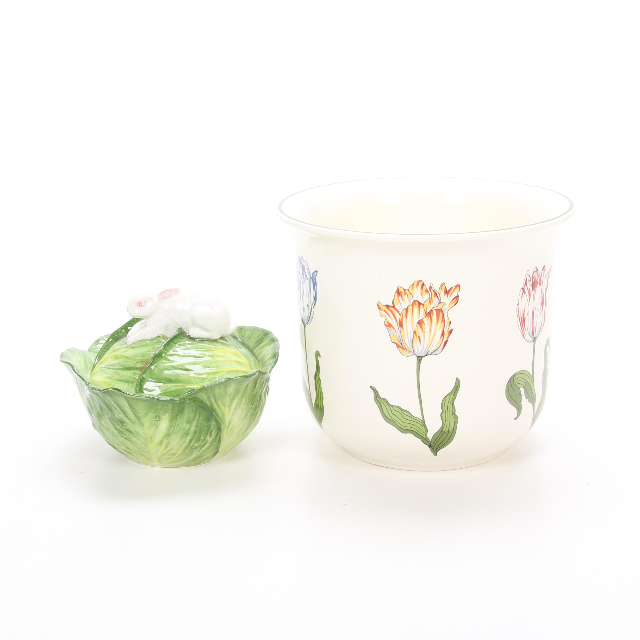 Tiffany & Co. "Tiffany Tulips" Planter and Rabbit on Cabbage Lidded Dish