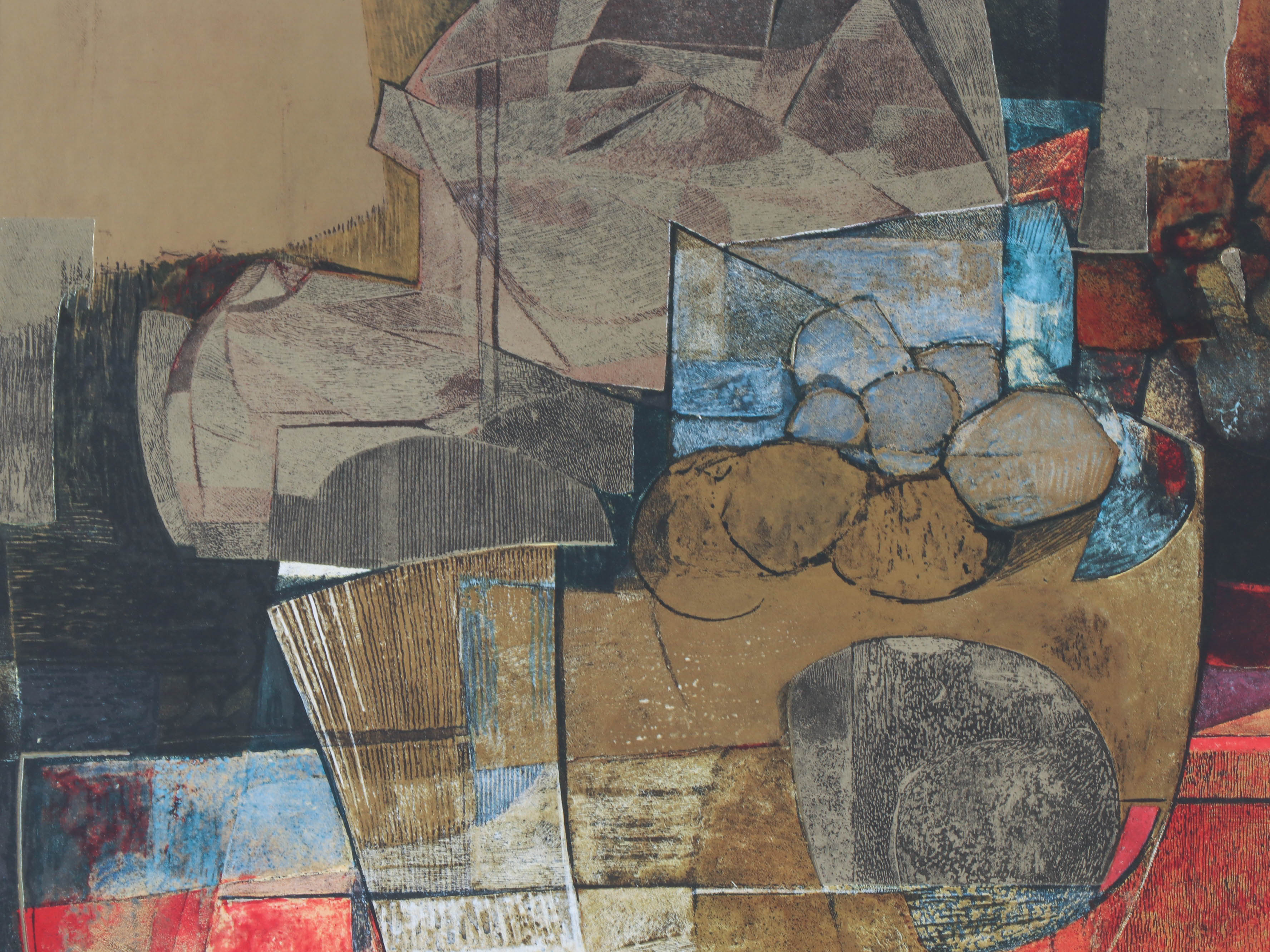 Embellished Abstract Offset Lithograph after Isa Van Der Zee "Abstract in Red"